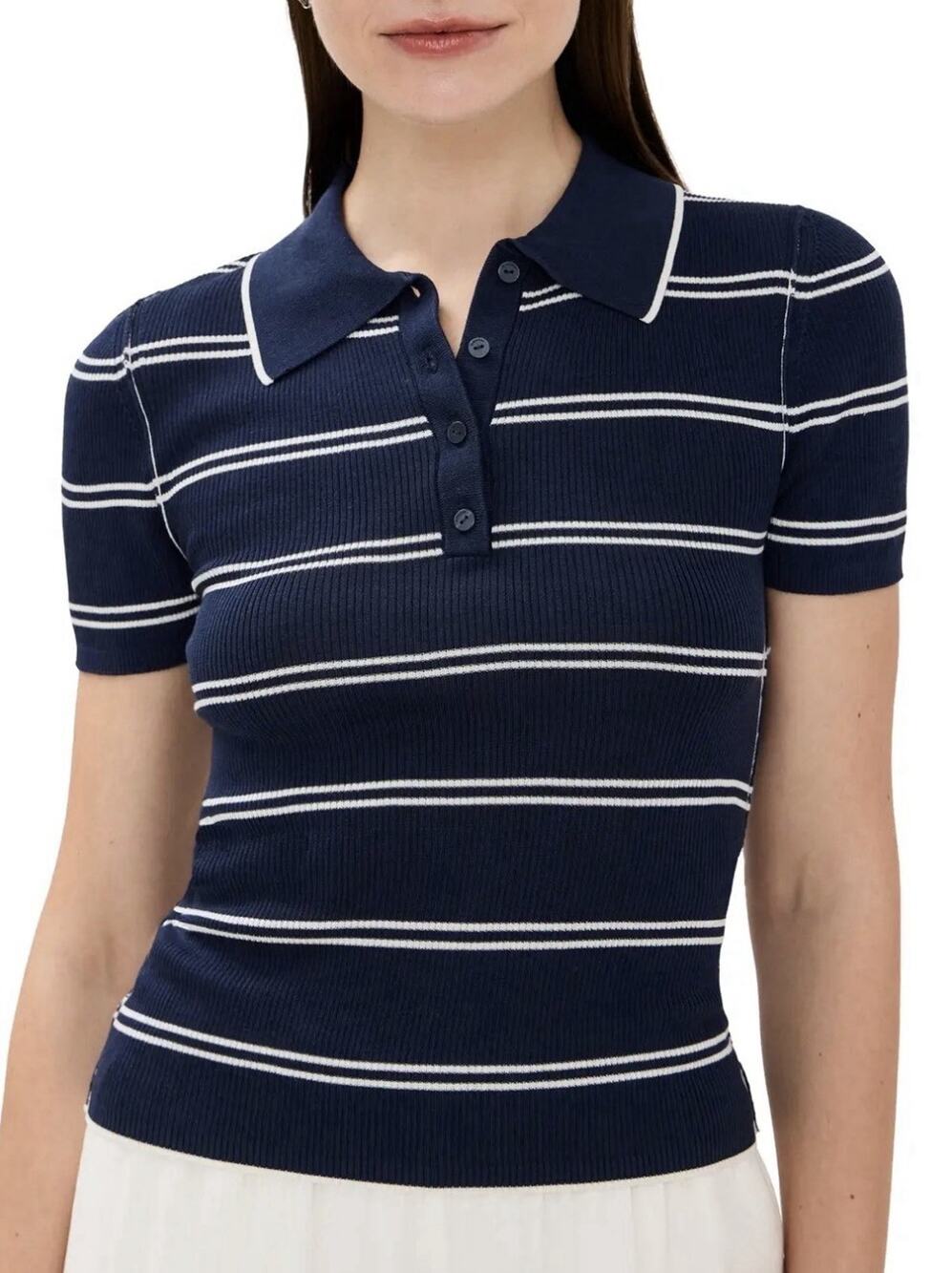 Jonathan Simkhai Marty Stripped Polo Silk Cashmere Blue White Women’s Medium